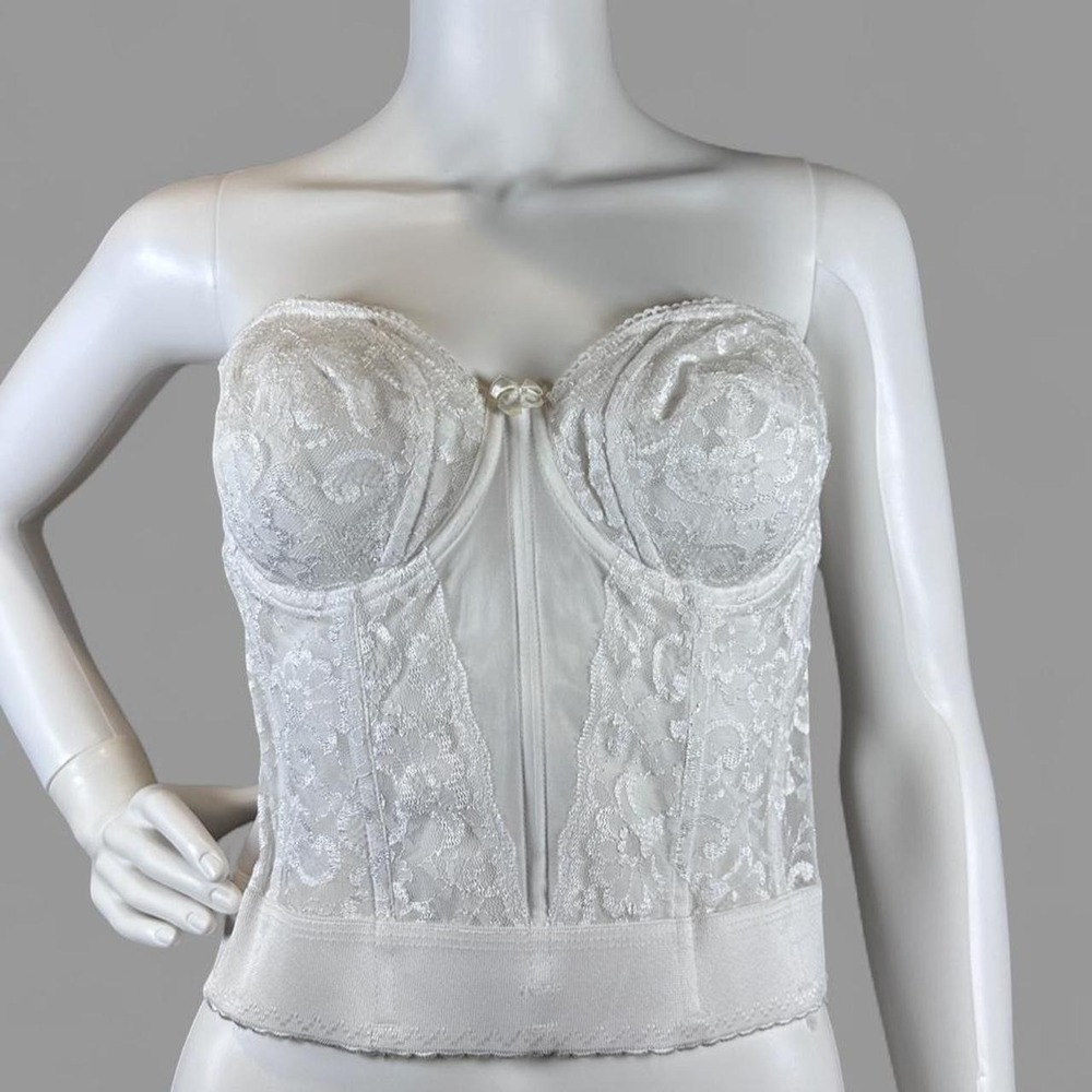 Goddess White Lace Bustier Corset Bra 36B Strapless Bridal Lingerie Vintage